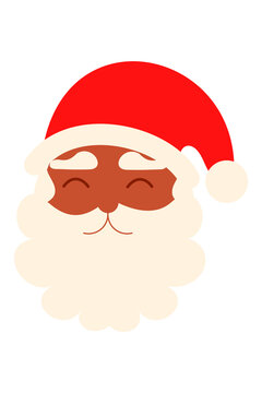 Dark-skinned, cheerful Santa Claus vector PNG, cartoon Santa face with red hat and white beard. Perfect Christmas clipart for holiday cards, gift tags, winter crafts, digital designs, festive decor.