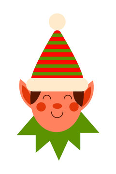 Smiling elf head PNG with festive striped cone hat, perfect for Christmas, Santa&rsquo;s workshop, North Pole, holiday cards, clipart, decorations, seasonal designs, and festive illustrations. High-res PNG