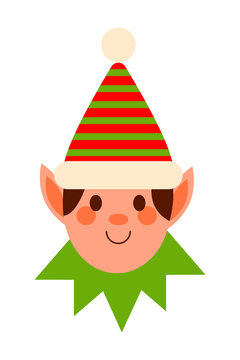Smiling elf head with festive striped cone hat, cheerful expression. Perfect Christmas clipart for holiday cards, gift tags, winter crafts, digital designs, seasonal festive decor. High resolution PNG