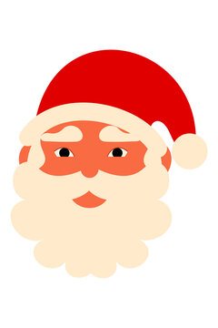 Santa Claus vector illustration, cartoon Santa face with red hat and white beard, Christmas holiday icon PNG isolated on white background, festive clipart for greeting cards and decorations.