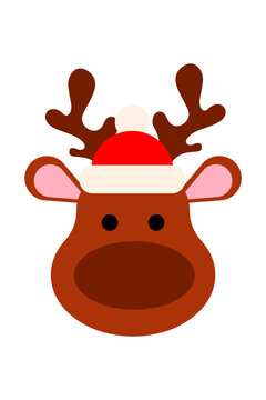 Cute Christmas reindeer face illustration with red Santa hat. Festive cartoon PNG icon, perfect for holiday cards, winter clipart, greeting cards, gift tags, crafts, and seasonal decorations. High-res