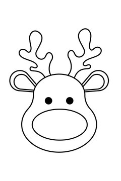 Outline of a cute Christmas reindeer face illustration with antlers and big nos. Festive cartoon PNG, perfect for holiday cards, coloring pages, greeting cards, gift tags, crafts, seasonal designs