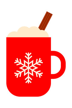 Red Christmas mug PNG featuring a red holiday cup with a white snowflake, whipped cream topping, cinnamon stick. Perfect for winter, festive designs, Christmas cards, cozy drink illustrations