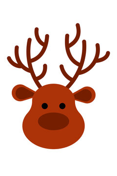 Playful cartoon reindeer face with brown antlers and big nose. Simple Christmas character illustration for holiday cards, decorations, stickers, gift tags, festive children's designs. High-res PNG