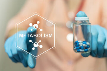 Metabolism Boost Biotechnology Health Care Concept. Doctor using virtual touchscreen presses the...