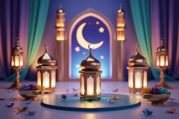 Obraz premium Ramadan lanterns and crescent moon decoration with mosque arch