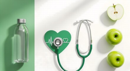 Healthy Lifestyle Concept: Green Apple, Heart, Stethoscope, Water Bottle on White Background.