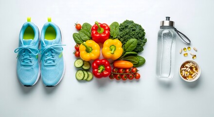 Healthy Lifestyle Concept: Sneakers, Fresh Vegetables, Water Bottle, and Supplements on White Background.