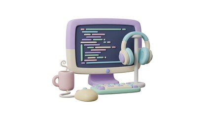 3D cartoon clay computer setup with code screen, coffee cup, headphones, and mouse, pastel tones, isolated on white background.