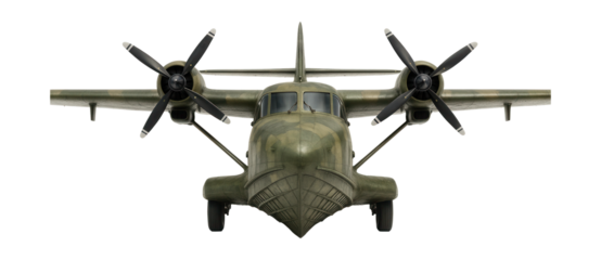Amphibious aircraft with camouflage design and a fortified hull.