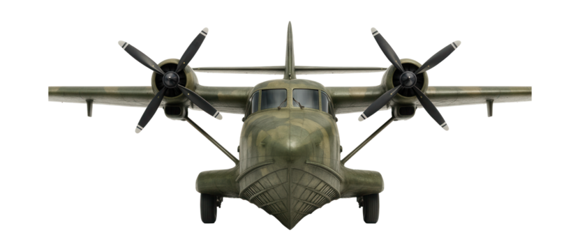 Amphibious aircraft with camouflage design and a fortified hull.
