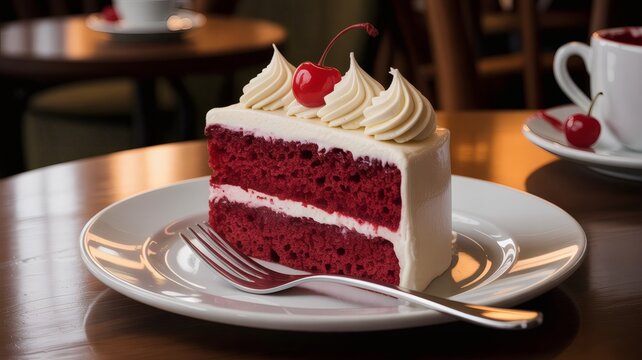 Decadent red velvet cake slice with cream cheese frosting and cherry