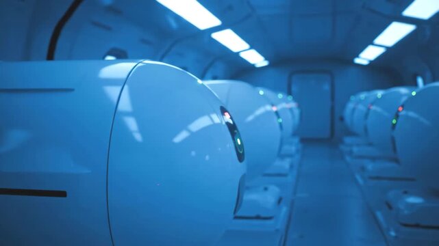 Cinematic dolly shot through a futuristic spaceship interior with rows of cryogenic sleep pods