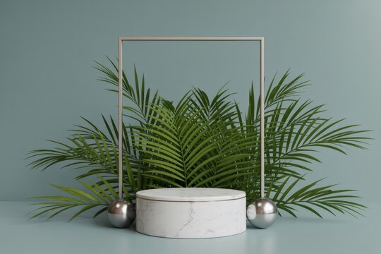 Minimalist product display with tropical greenery and geometric frame