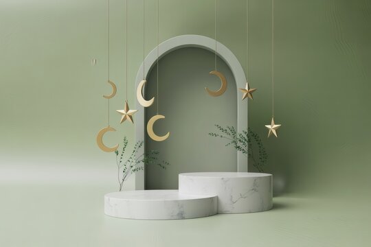 Elegant islamic arch with decorative crescent moons and stars on pedestals