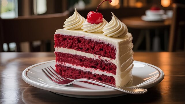 Decadent slice of red velvet cake with cream cheese frosting