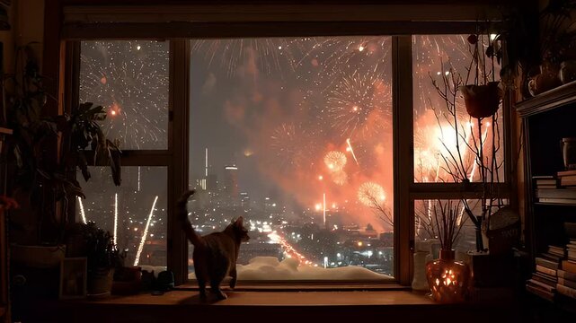 Cat Watches Dramatic New Years Eve Fireworks Show From Cozy Window