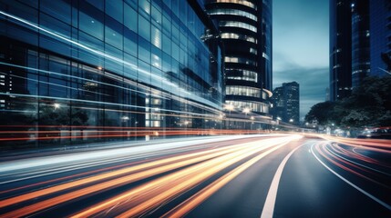 Naklejka premium Light trails on the modern building background. Light trails at night in urban environment, Abstract Motion Blur City, traffic, transportation, street, road, speed