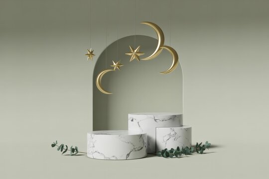 Elegant arch display with marble pedestals and celestial accents
