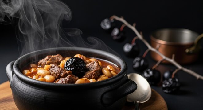 Rich Herzegovinian Pasulj &ndash; White Bean & Beef Stew with Smoked Plum in Black Clay Pot, Smoked Plum Branch & Copper Pot Background, Moody Dinner Light