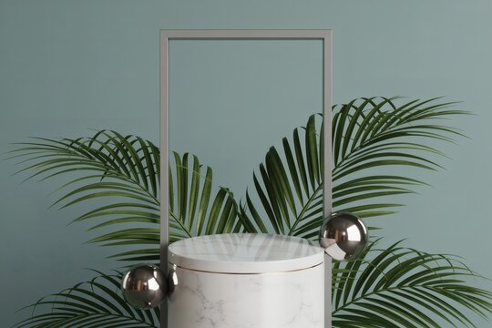Minimalist tropical product display with geometric frame and palm leaves
