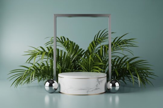 Elegant marble pedestal display with tropical greenery and silver spheres