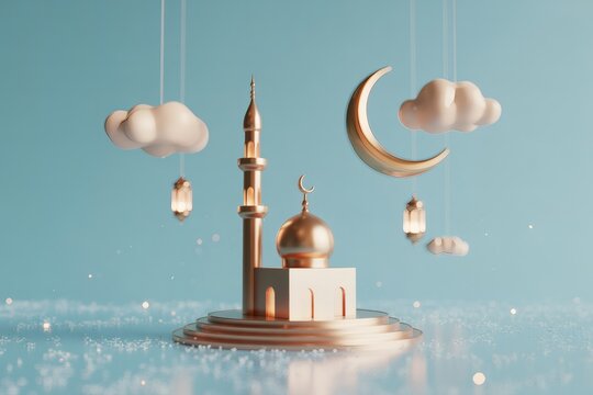 Golden mosque and crescent moon floating among clouds