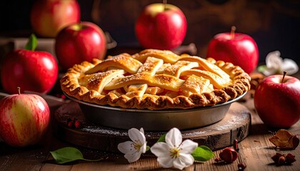Delicious Homemade Apple Pie with Fresh Apples and Blossoms - Rustic Autumn Dessert Still Life