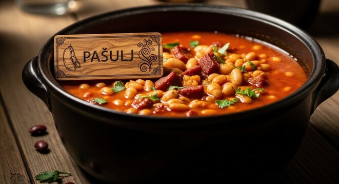 Pasulj Bean Stew with Layered Texture &ndash; Olive Wood Sign 'PASULJ', Bean Pod & Plum Smoke Motifs, Soulful Regional Lighting