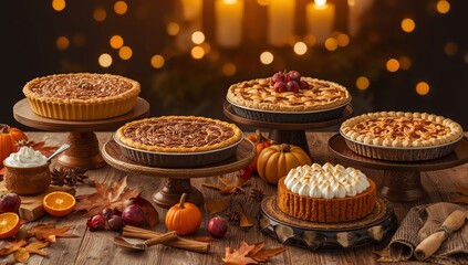 Fototapeta premium Assorted Pies with Autumnal Decor on Wooden Table