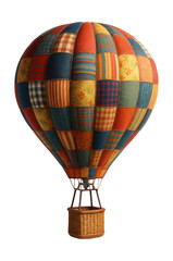 Obraz premium Retro hot air balloon featuring a patchwork fabric envelope and wooden basket.