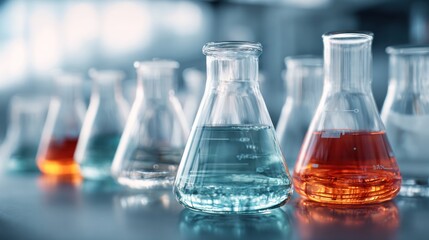 Row of laboratory glassware with colorful liquids for chemical experiments