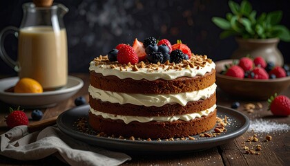 Delicious Layered Cake with Fresh Berries and Cream - A Rustic Dessert Scene for Food Blogs & Recipes