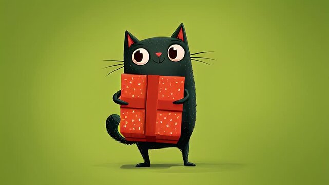 Cute cartoon black cat holding a festive Christmas gift box