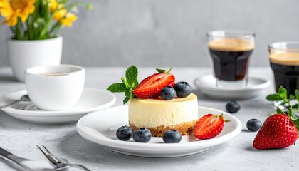 Delicious Mini Cheesecake with Fresh Berries & Coffee - Elegant Dessert Presentation for Cafes & Sweet Treat Photography