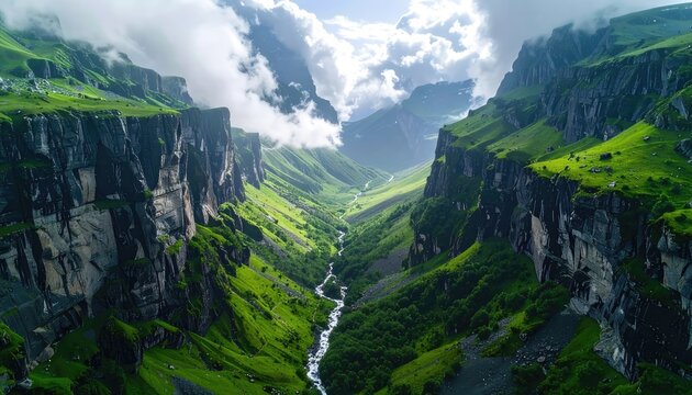 Dramatic Mountain Valley Landscape: Lush Green Cliffs & River - Scenic Nature Photography for Travel & Adventure