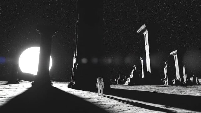 Epic black and white shot of an astronaut exploring ancient monolithic ruins on a desolate moon