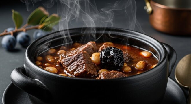Rich Herzegovinian Pasulj &ndash; White Bean & Beef Stew with Smoked Plum in Black Clay Pot, Smoked Plum Branch & Copper Pot Background, Moody Dinner Light