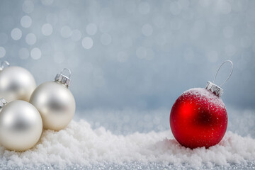 Christmas ornament contrast on snow: one red bauble standing apart from white decorations on soft background, winter holiday. Frosted texture