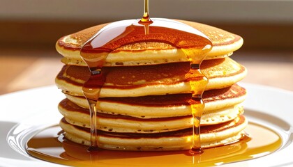 Delicious Stack of Golden Pancakes Drizzled with Maple Syrup - Breakfast Food Photography