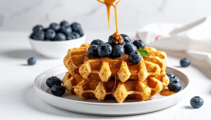 Delicious Stack of Golden Waffles Topped with Fresh Blueberries and Drizzled Maple Syrup - Breakfast Food Photography