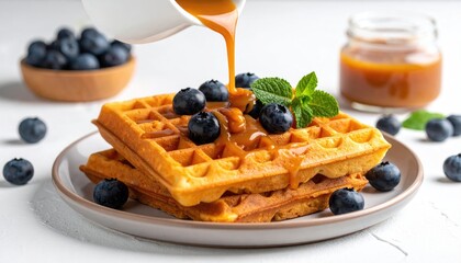 Delicious Stack of Golden Waffles with Fresh Blueberries and Caramel Sauce - Breakfast Food Photography