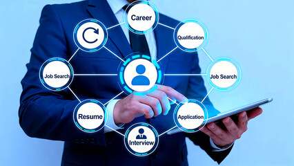Businessman uses a digital tablet displaying career path options including job search resume application interview qualification and career development for professional growth and success
