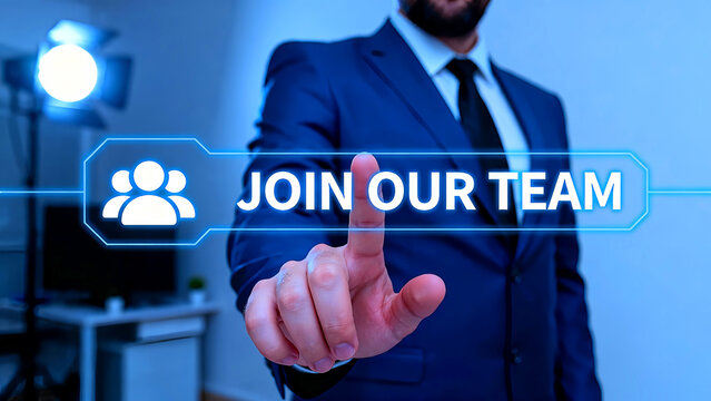 Businessman invites new members to join the team through a digital interface in a modern recruitment campaign for business growth and expansion of the company workforce and talent pool