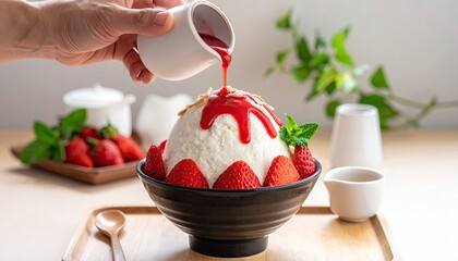 Delicious Strawberry Shaved Ice Dessert: A Refreshing Summer Treat with Fresh Strawberries and Red Syrup Pouring Over