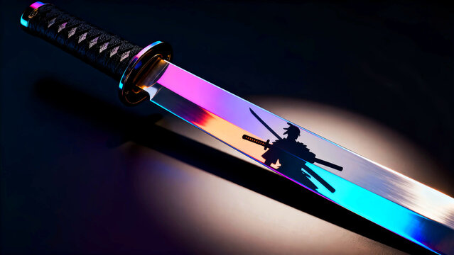 Iridescent katana sword with a ninja silhouette design reflecting vibrant colors on its polished blade perfect for martial arts enthusiasts and collectors alike