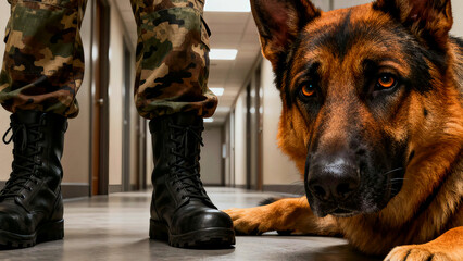 Loyal german shepherd dog lies beside a soldier in camouflage uniform and black boots in a hallway providing security and companionship in a military or law enforcement setting