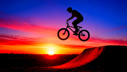 Fototapeta premium Silhouette of a bmx rider performing a jump at sunset with vibrant colors in the sky showcasing extreme sports and outdoor adventures with a focus on freedom and skill in action photography