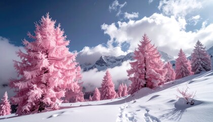 Dreamy Pink Winter Wonderland: Snow-Covered Pine Trees in a Magical Landscape - A Surreal Alpine Scene