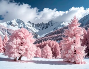 Dreamy Pink Winter Landscape: Snow-Covered Pine Trees & Majestic Mountains - A Serene Alpine Scene